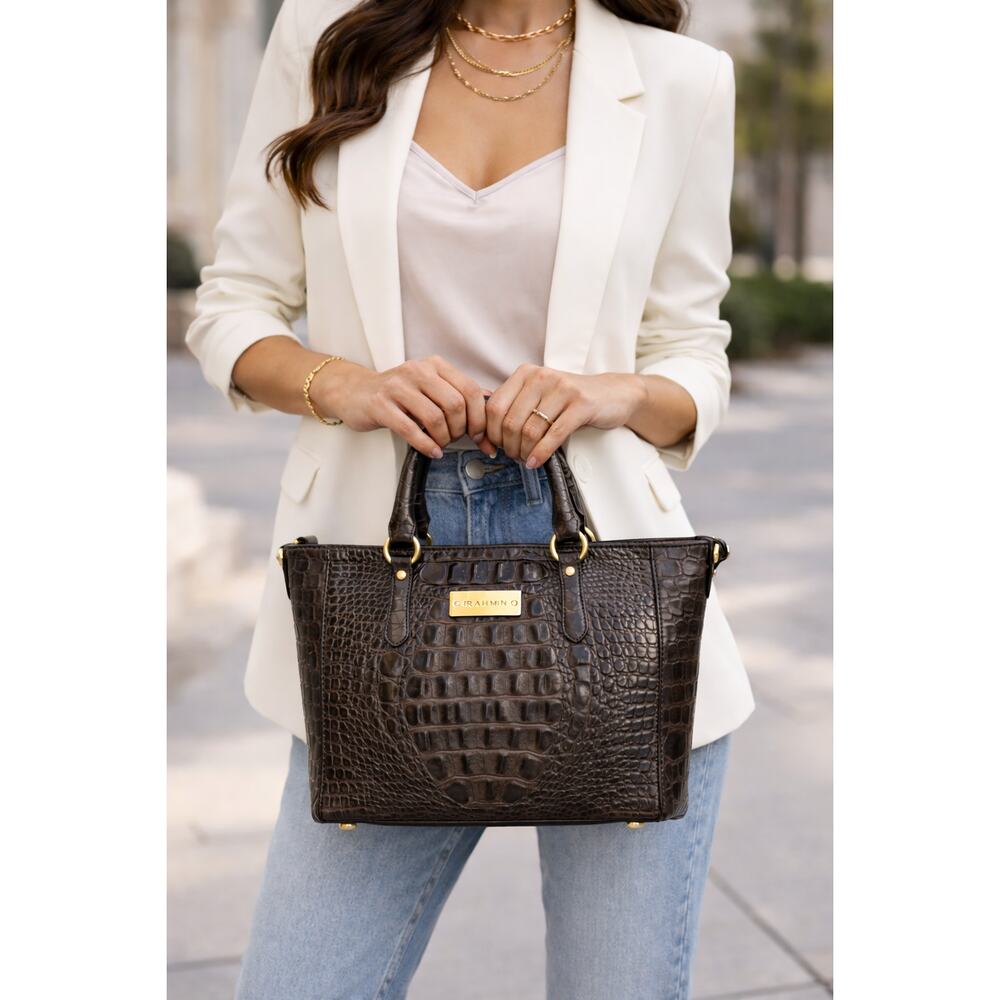 Brahmin Croc Embossed Brown Satchel Crossbody Bag Leather Gold Tone